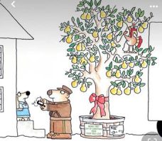 Cartoon of a cartoon of a person and a dog standing next to a tree

Description automatically generated