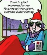 Cartoon of an old person in a chair with a mug and a white speech bubble Description automatically generated